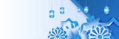 Hilal desenli ay yıldızı cami feneriyle İslami Ramazan Kareem afişi. Vektör çizimi. Ramadhan mavi renkli geniş pankart tasarım arka planı