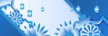 Hilal desenli ay yıldızı cami feneriyle İslami Ramazan Kareem afişi. Vektör çizimi. Ramadhan mavi renkli geniş pankart tasarım arka planı