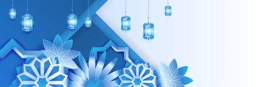 Hilal desenli ay yıldızı cami feneriyle İslami Ramazan Kareem afişi. Vektör çizimi. Ramadhan mavi renkli geniş pankart tasarım arka planı