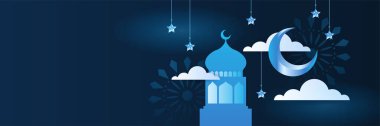 Hilal desenli ay yıldızı cami feneriyle İslami Ramazan Kareem afişi. Vektör çizimi. Ramadhan mavi renkli geniş pankart tasarım arka planı