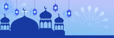 Hilal desenli ay yıldızı cami feneriyle İslami Ramazan Kareem afişi. Vektör çizimi. Ramadhan renkli geniş pankart tasarımı arkaplanı
