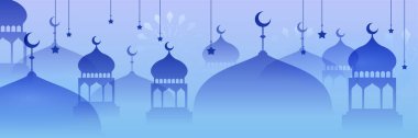 Hilal desenli ay yıldızı cami feneriyle İslami Ramazan Kareem afişi. Vektör çizimi. Ramadhan renkli geniş pankart tasarımı arkaplanı
