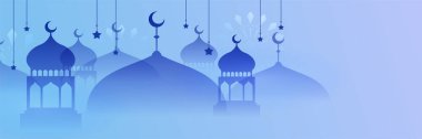 Hilal desenli ay yıldızı cami feneriyle İslami Ramazan Kareem afişi. Vektör çizimi. Ramadhan renkli geniş pankart tasarımı arkaplanı