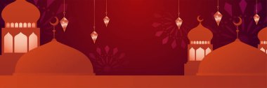 Hilal desenli ay yıldızı cami feneriyle İslami Ramazan Kareem afişi. Vektör çizimi. Ramadhan renkli geniş pankart tasarımı arkaplanı