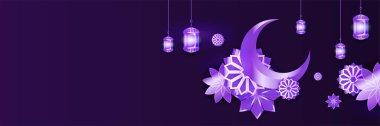 Hilal desenli ay yıldızı cami feneriyle İslami Ramazan Kareem afişi. Vektör çizimi. Ramadhan renkli geniş pankart tasarımı arkaplanı