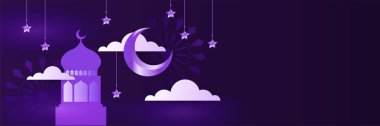 Hilal desenli ay yıldızı cami feneriyle İslami Ramazan Kareem afişi. Vektör çizimi. Ramadhan renkli geniş pankart tasarımı arkaplanı