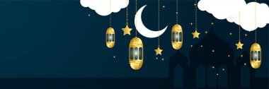Hilal desenli ay yıldızı cami feneriyle İslami Ramazan Kareem afişi. Vektör çizimi. Ramadhan feneri koyu mavi altın renkli geniş pankart tasarımı arka plan