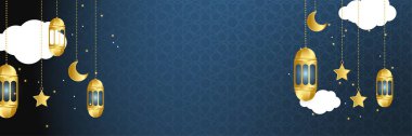 Premium Ramadhan mavi renkli geniş pankart tasarımı arka planı