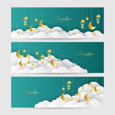 Ramadhan feneri seti yeşil altın renkli geniş pankart tasarımı arka plan