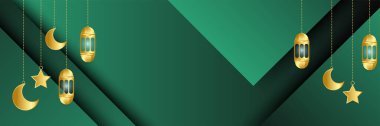 Premium Ramadhan yeşil ve altın renkli geniş pankart tasarımı arka plan