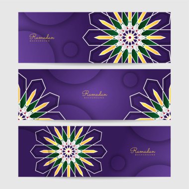 Ramadhan desenli mor renkli geniş pankart tasarımı seti