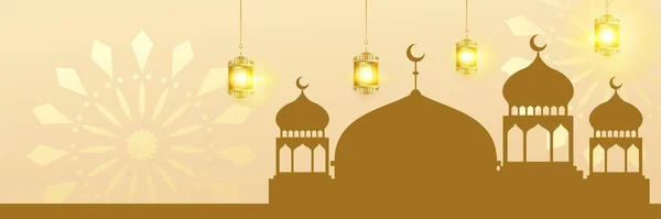 三日月模様の星のモスクの提灯とイスラムラマダーンカレームバナーの背景 ベクトルイラスト ラマダーンイエローゴールドカラフルなワイドバナーデザインの背景 — ストックベクタ