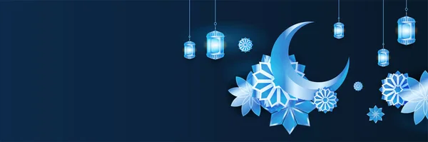 伊斯兰拉马丹卡里姆旗帜背景与月牙图案的月亮清真寺灯笼 矢量图解 Ramadhan蓝色彩色宽横幅设计背景 — 图库矢量图片