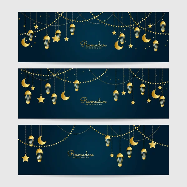 Set Von Ramadhan Laterne Dunkelblaues Gold Bunte Breite Banner Design — Stockvektor
