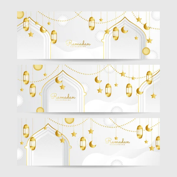 Conjunto Fundo Design Banner Largo Colorido Branco Ramadhan — Vetor de Stock