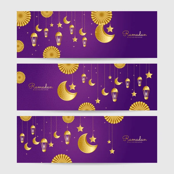 Рамадан Ліхтар Пурпуровий Золотистий Широкий Прапор Дизайнерський Тло — стоковий вектор