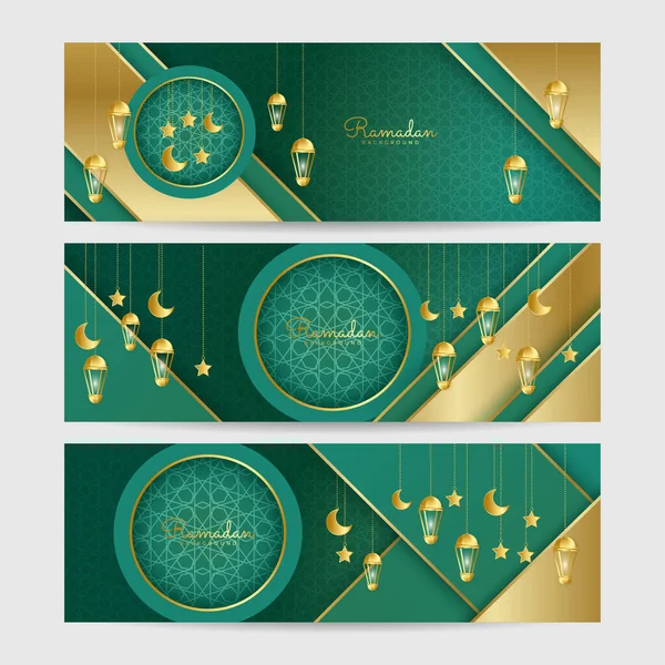 Рамадан Лантерн Зелений Золотий Барвистий Широкий Прапор Дизайн Фону — стоковий вектор