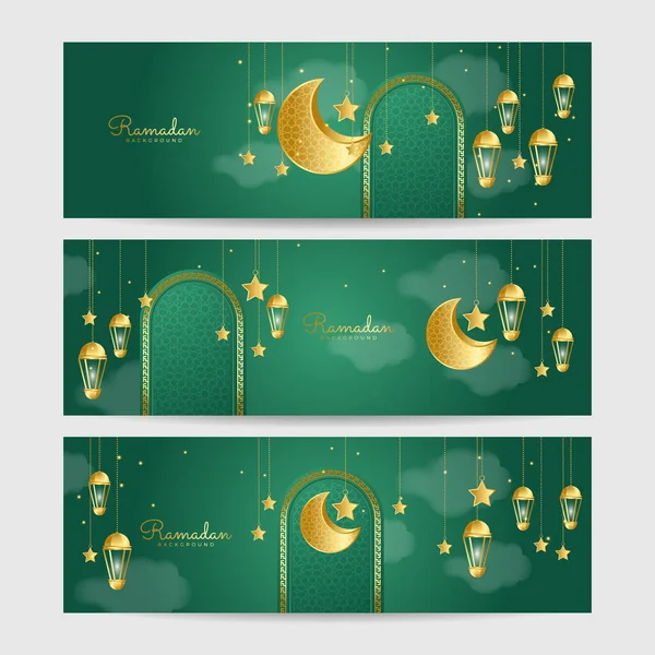 Conjunto Ramadhan Lanterna Verde Ouro Colorido Largo Banner Design Fundo — Vetor de Stock