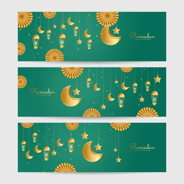 Uppsättning Ramadhan Lykta Grönt Guld Färgglada Bred Banner Design Bakgrund — Stock vektor