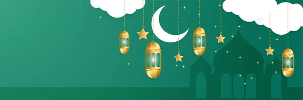 Premium Ramadhan Grün Und Gold Bunte Breite Banner Design Hintergrund — Stockvektor