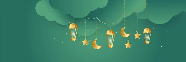 Premium Ramadhan Verde Ouro Colorido Fundo Design Banner Largo — Vetor de Stock