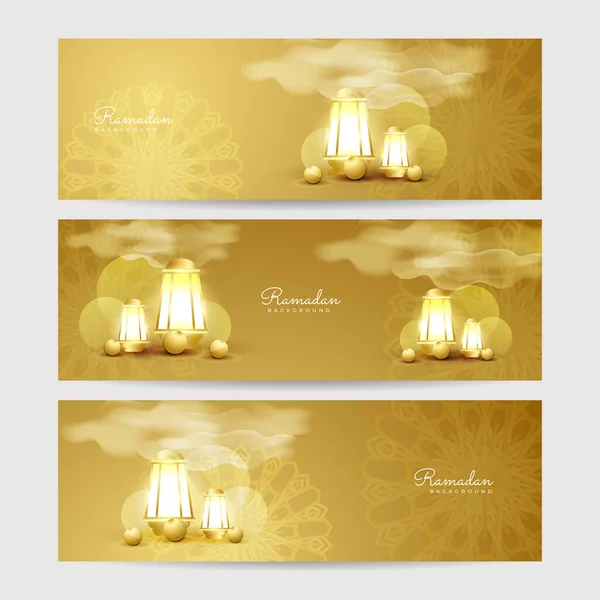 茶色と金の提灯のカラフルなラマダーンバナーのデザインの背景のセット — ストックベクタ