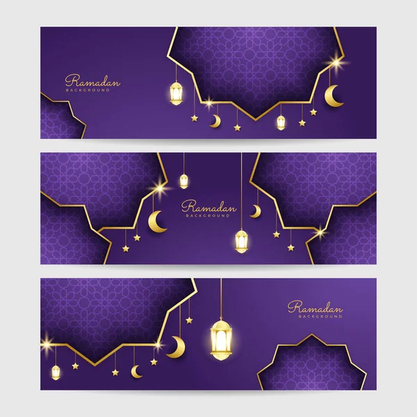 Ensemble Motif Ramadhan Violet Coloré Large Fond Conception Bannière — Image vectorielle