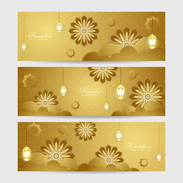 Set Brown Gold Lantern Colorful Ramadhan Banner Design Background — Stock Vector