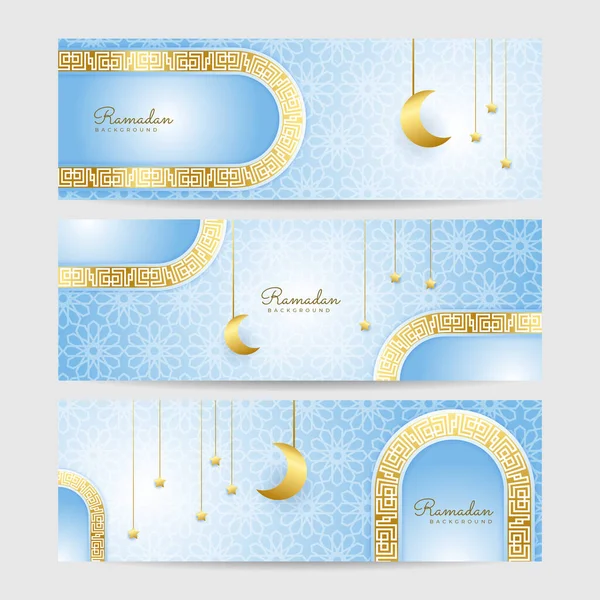 Set Von Ramadhan Weiß Blau Bunte Breite Banner Design Hintergrund — Stockvektor