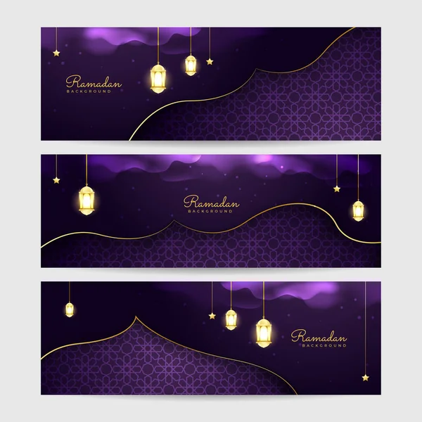 Set Ramadhan Viola Colorato Ampio Banner Design Sfondo — Vettoriale Stock