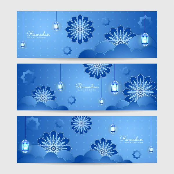 Set Med Moderna Blå Lykta Färgglada Ramadhan Banner Design Bakgrund — Stock vektor