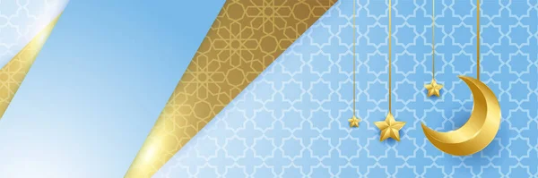 Ramadhan Alb Albastru Aur Colorat Fundal Design Banner Larg — Vector de stoc