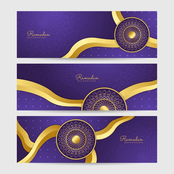 Set Mandala Muster Lila Und Gold Bunte Breite Banner Design — Stockvektor