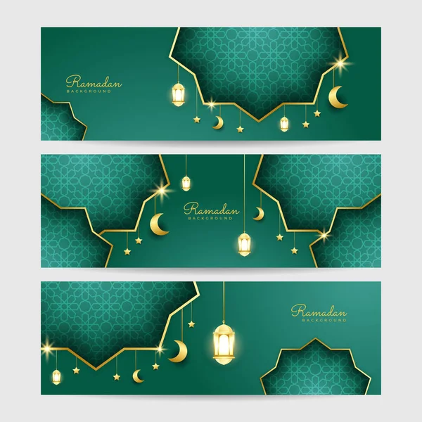 Uppsättning Ramadhan Mönster Grön Färgglada Bred Banner Design Bakgrund — Stock vektor