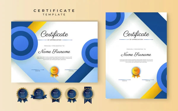 Plantilla Borde Azul Moderno Certificado Logro Con Insignia Lujo Patrón — Vector de stock