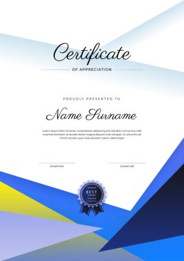 Modern renkli diploma sertifikası şablonu. Lüks rozetli ve modern hat şablonlu başarı sertifikası. Ödül, iş ve eğitim ihtiyaçları için
