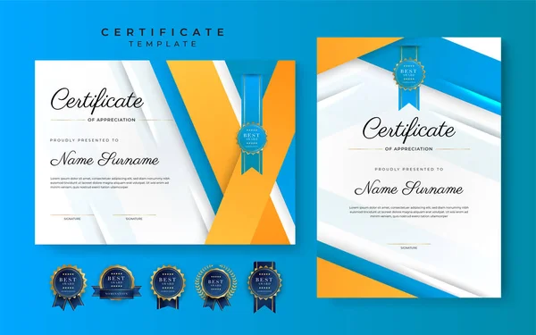 Plantilla Borde Azul Moderno Certificado Logro Con Insignia Lujo Patrón — Vector de stock