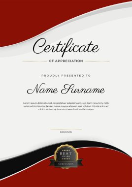 Modern renkli diploma sertifikası şablonu. Lüks rozetli ve modern hat şablonlu başarı sertifikası. Ödül, iş ve eğitim ihtiyaçları için