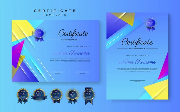 Plantilla Borde Azul Moderno Certificado Logro Con Insignia Lujo Patrón — Vector de stock