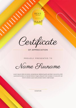 Modern renkli diploma sertifikası şablonu. Lüks rozetli ve modern hat şablonlu başarı sertifikası. Ödül, iş ve eğitim ihtiyaçları için