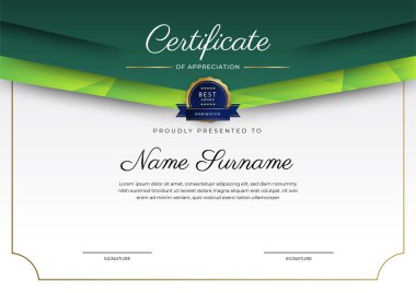 Modern renkli diploma sertifikası şablonu. Lüks rozetli ve modern hat şablonlu başarı sertifikası. Ödül, iş ve eğitim ihtiyaçları için