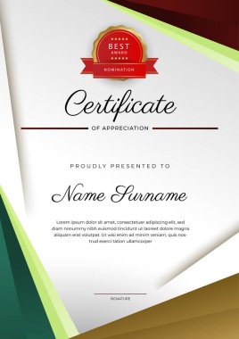 Modern renkli diploma sertifikası şablonu. Lüks rozetli ve modern hat şablonlu başarı sertifikası. Ödül, iş ve eğitim ihtiyaçları için