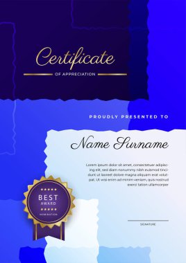 Modern renkli diploma sertifikası şablonu. Lüks rozetli ve modern hat şablonlu başarı sertifikası. Ödül, iş ve eğitim ihtiyaçları için