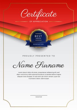 Modern renkli diploma sertifikası şablonu. Lüks rozetli ve modern hat şablonlu başarı sertifikası. Ödül, iş ve eğitim ihtiyaçları için