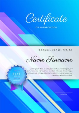Modern renkli diploma sertifikası şablonu. Lüks rozetli ve modern hat şablonlu başarı sertifikası. Ödül, iş ve eğitim ihtiyaçları için