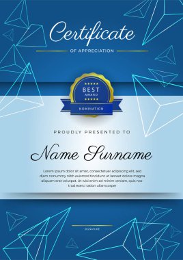 Modern renkli diploma sertifikası şablonu. Lüks rozetli ve modern hat şablonlu başarı sertifikası. Ödül, iş ve eğitim ihtiyaçları için
