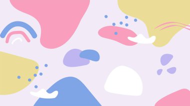 Soyut renkli Memphis düz geometrik şekiller arka plan. Çizgiler kare nokta üçgen daire ve dalgalı düz stil ile soyut kompozisyon. Poster, sunum, kart, kapak, afiş için tasarım.