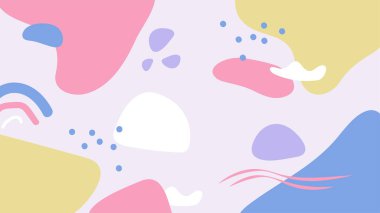 Soyut renkli Memphis düz geometrik şekiller arka plan. Çizgiler kare nokta üçgen daire ve dalgalı düz stil ile soyut kompozisyon. Poster, sunum, kart, kapak, afiş için tasarım.