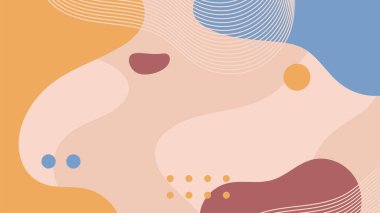 Soyut renkli Memphis düz geometrik şekiller arka plan. Çizgiler kare nokta üçgen daire ve dalgalı düz stil ile soyut kompozisyon. Poster, sunum, kart, kapak, afiş için tasarım.