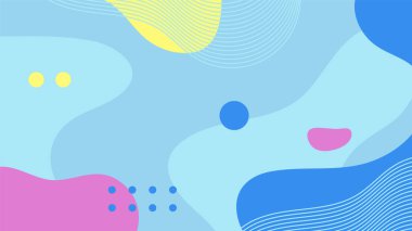 Soyut renkli Memphis düz geometrik şekiller arka plan. Çizgiler kare nokta üçgen daire ve dalgalı düz stil ile soyut kompozisyon. Poster, sunum, kart, kapak, afiş için tasarım.